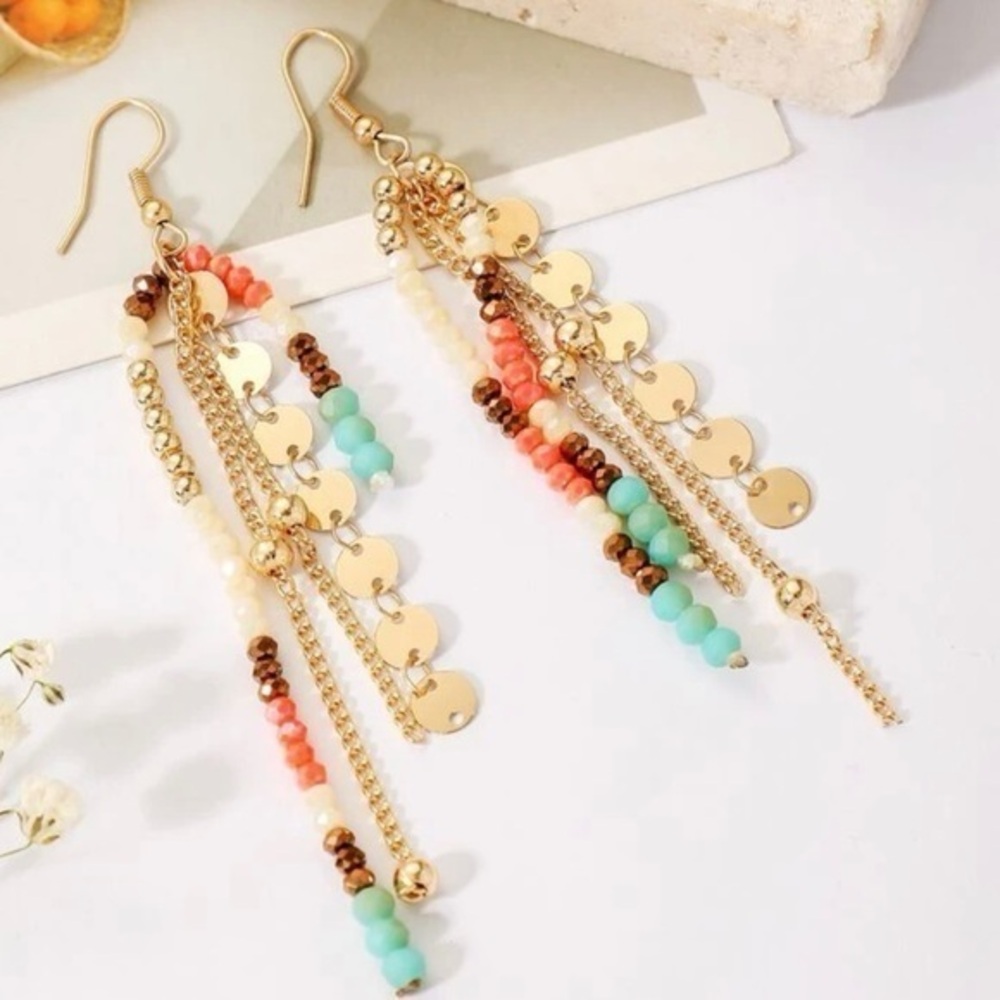 Trendy Festival Earrings | Gold Discs + Beaded Tassels